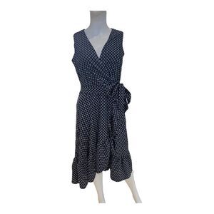 London Times eyelet faux wrap midi dress in blue and white size 4. EUC
